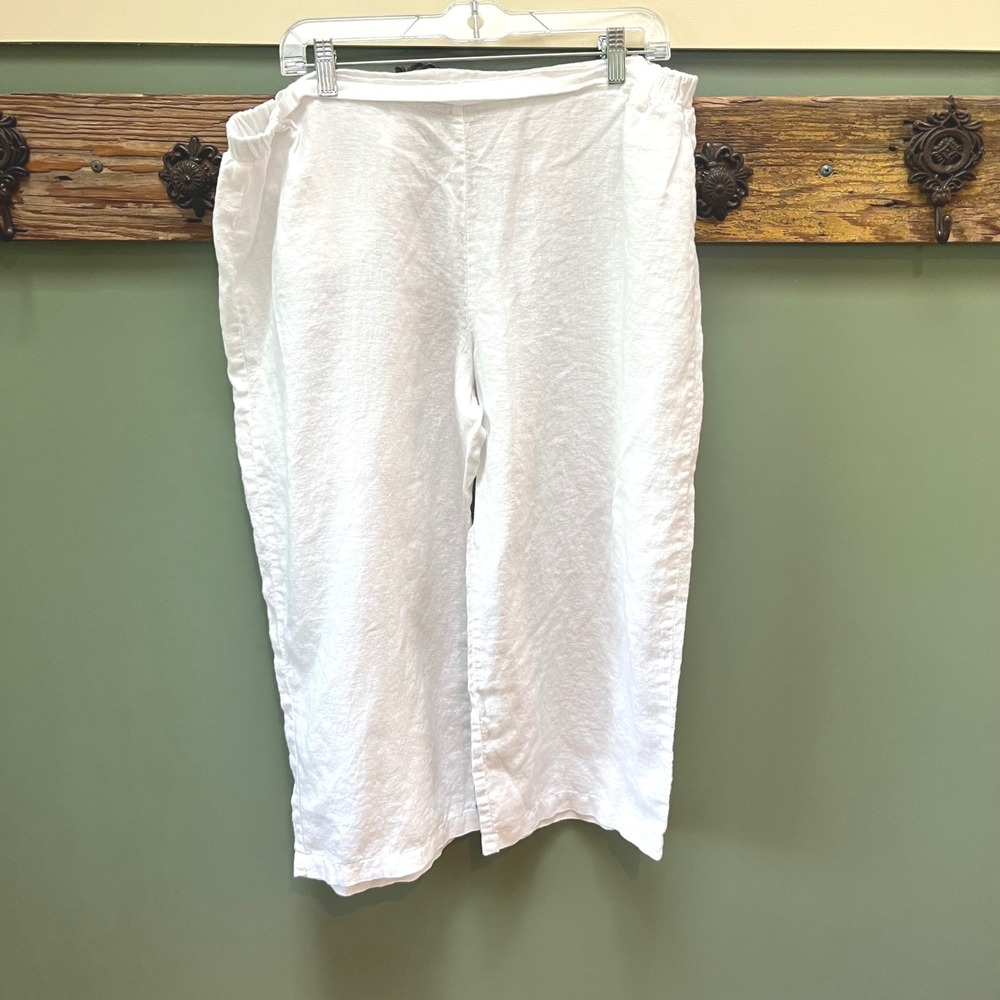 FLAX White 100% Linen Cropped Wide Leg Pants Women Large Elastic Waist Coastal